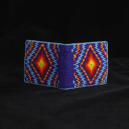 Blue leather bifold wallet with red orange and yellow twin diamond hand-beaded geometric design