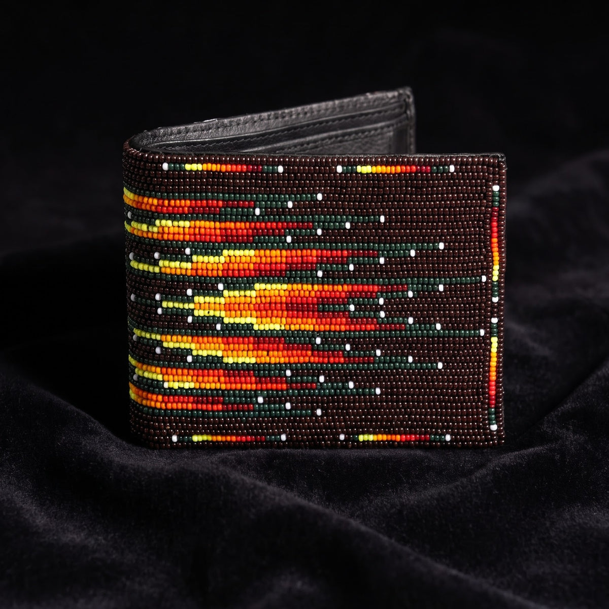 Dark brown hand-beaded leather bifold wallet with orange yellow turquoise and white horizontal stripe design