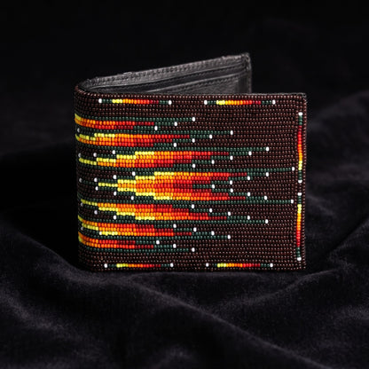 Dark brown hand-beaded leather bifold wallet with orange yellow turquoise and white horizontal stripe design