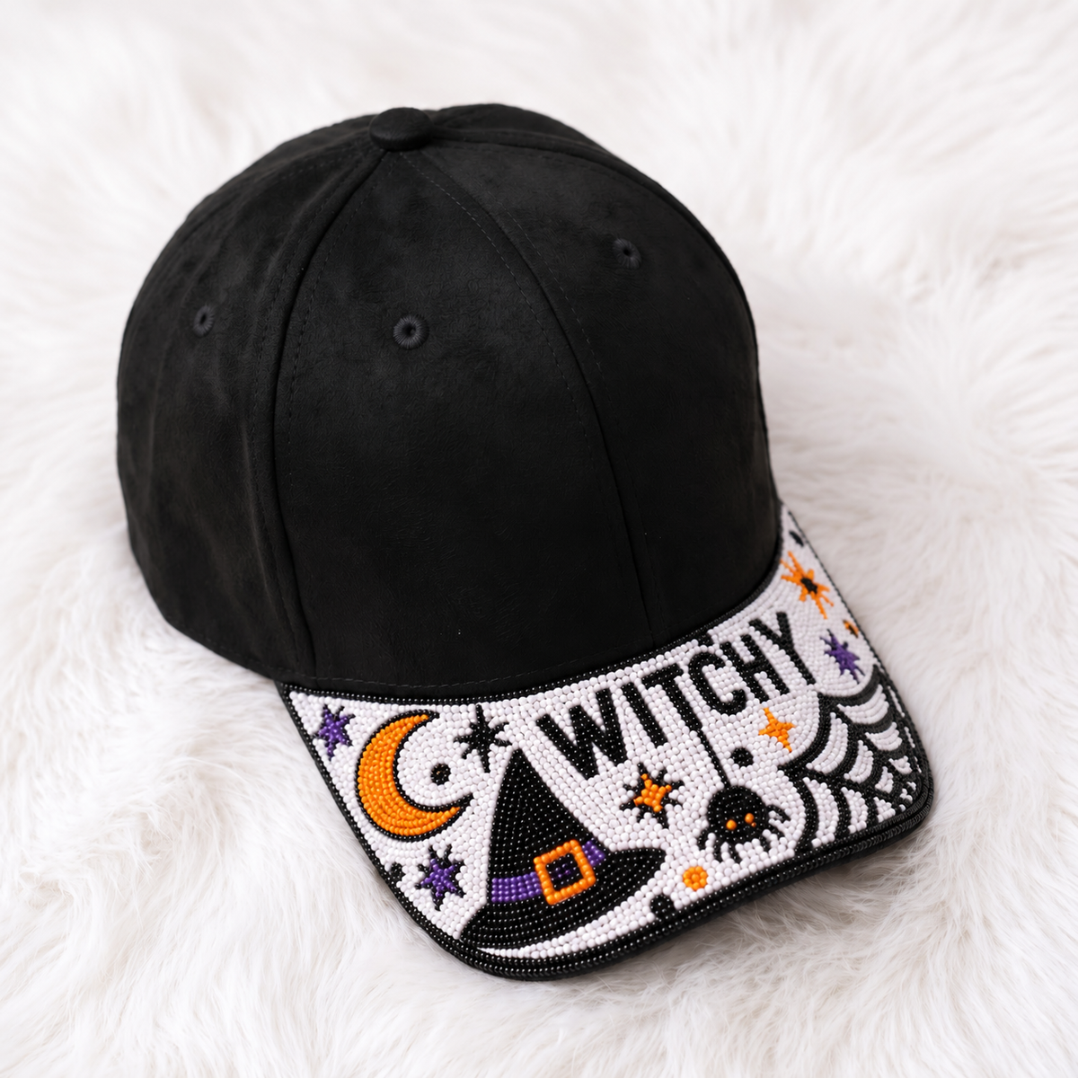 Halloween beaded baseball cap with Witchy moon witch hat spider and web design