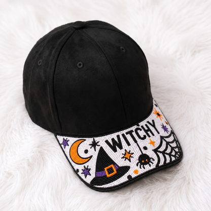 Halloween beaded baseball cap with Witchy moon witch hat spider and web design