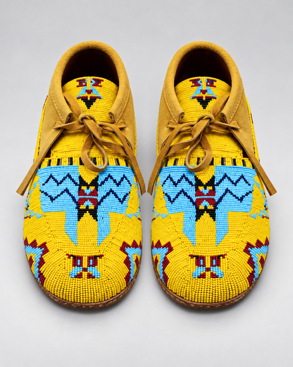 Top view of yellow hand-beaded men's moccasins with lace-up suede collar